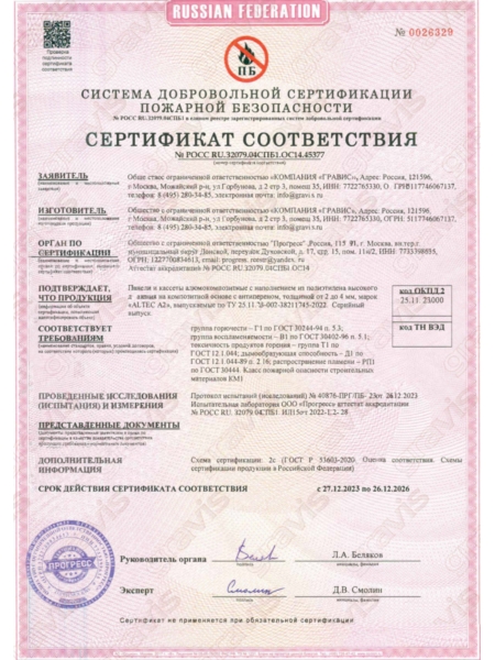 ALTEC A2. Пожаробезопасность. Сертификат соответствия.
